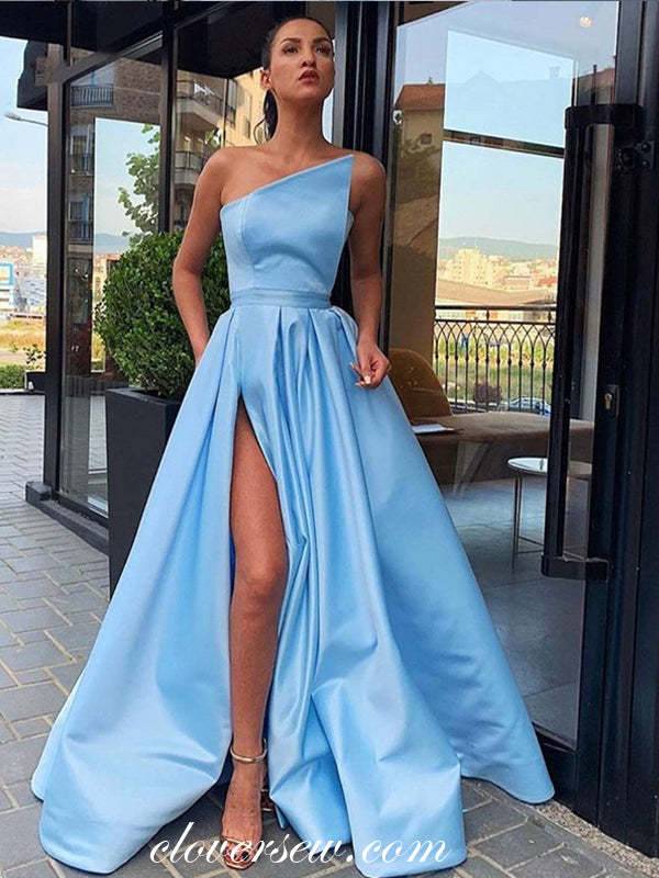 Blue Satin Strapless A-line With Side Slit Prom Dresses ,CP0372