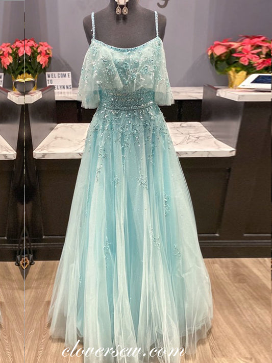 Blue Tulle Bead Off The Shoulder A-line Prom Dresses, CP0272