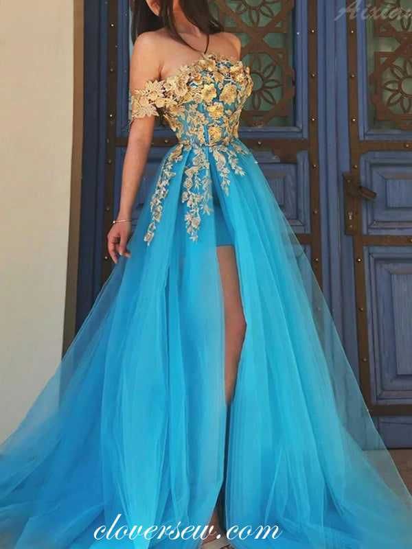 Blue Tulle Gold Applique Off The Shoulder A-line Prom Dresses, CP0450