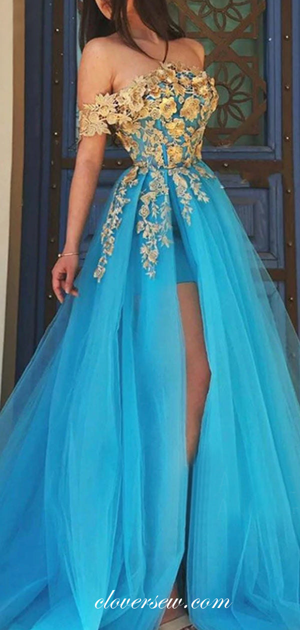 Blue Tulle Gold Applique Off The Shoulder A-line Prom Dresses, CP0450