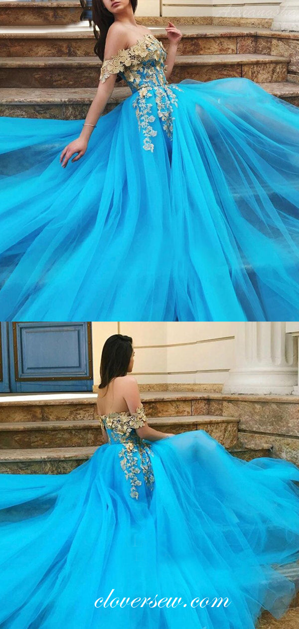 Blue Tulle Gold Applique Off The Shoulder A-line Prom Dresses, CP0450
