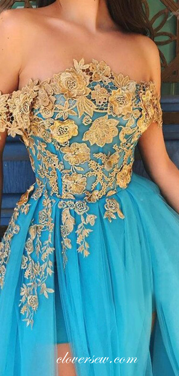Blue Tulle Gold Applique Off The Shoulder A-line Prom Dresses, CP0450