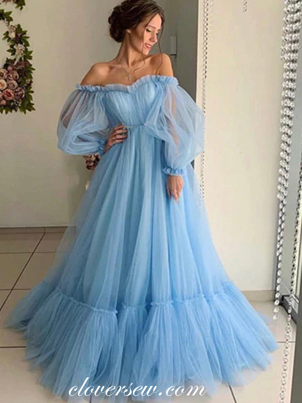Blue Tulle Off The Shoulder Long Sleeves A-line Prom Dresses, CP0475