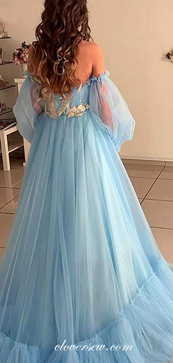 Blue Tulle Off The Shoulder Long Sleeves A-line Prom Dresses, CP0475