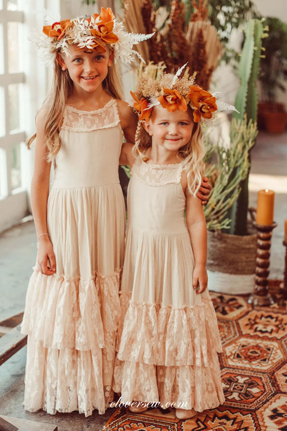 Blush Pink Lace Cute Sweet Tiered A-line Flower Girl Dresses, CF0008