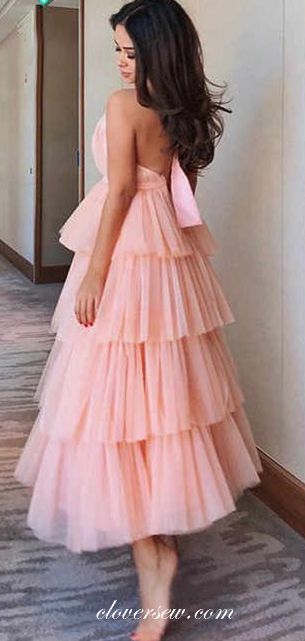 Blush Pink Tulle Tiered Halter Ankle Length A-line Prom Dresses , CP0500