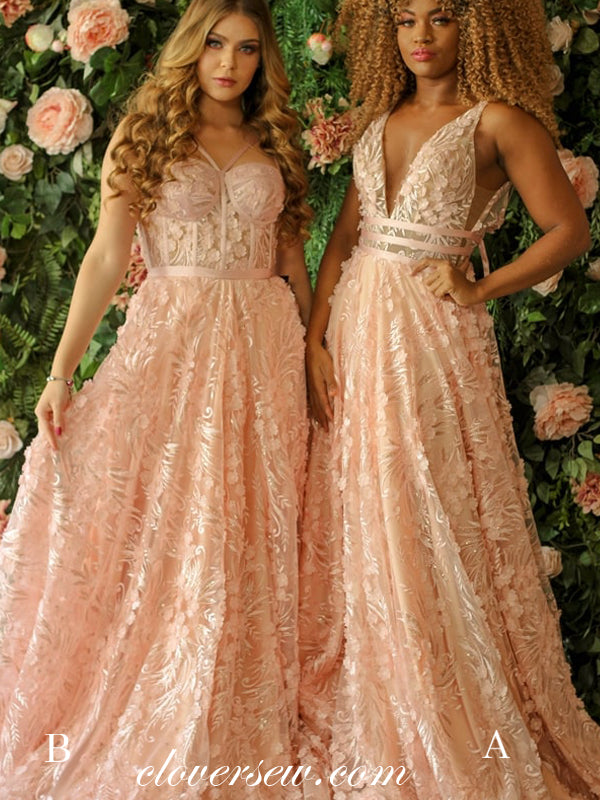 Blush Pink 3D Lace Mismatched A-line Prom Dresses , CP0337