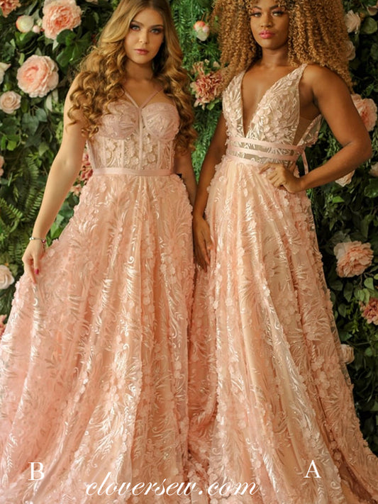 Blush Pink 3D Lace Mismatched A-line Prom Dresses , CP0337