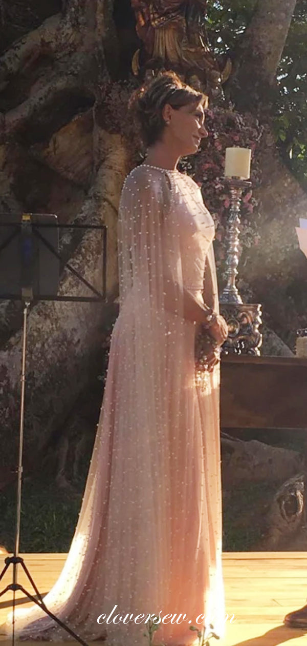 Blush Pink Beaded Tulle Long Sleeves A-line Prom Dresses,CP0248