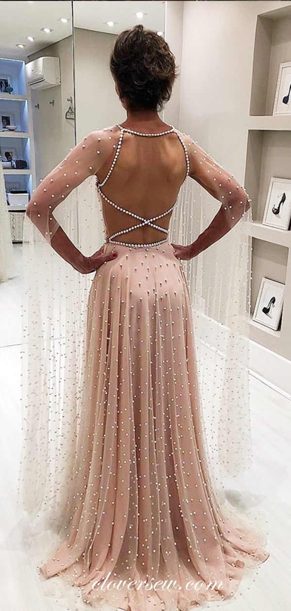 Blush Pink Beaded Tulle Long Sleeves A-line Prom Dresses,CP0248 clover sew Blush Pink Beaded Tulle Long Sleeves A-line Prom Dresses,CP0248 clover sew