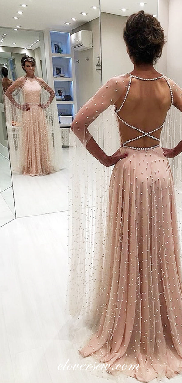 Blush Pink Beaded Tulle Long Sleeves A-line Prom Dresses,CP0248 clover sew Blush Pink Beaded Tulle Long Sleeves A-line Prom Dresses,CP0248 clover sew