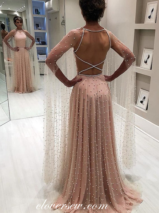 Blush Pink Beaded Tulle Long Sleeves A-line Prom Dresses,CP0248