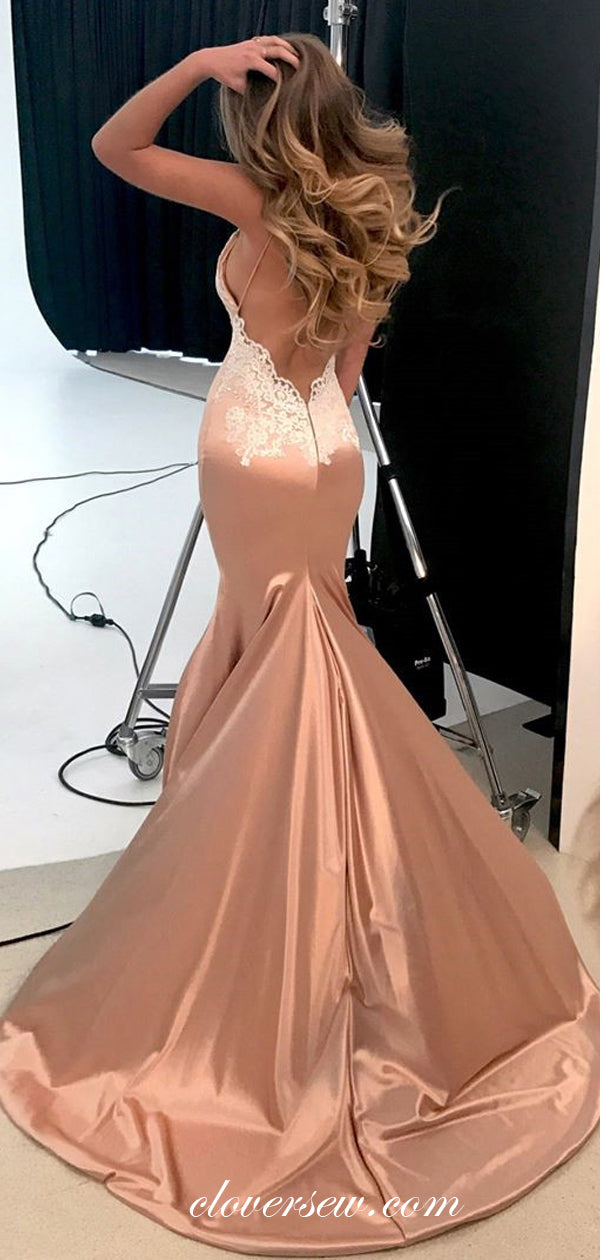 Blush Pink Elastic Satin Spaghetti Strap Mermaid Prom Dresses, CP0038