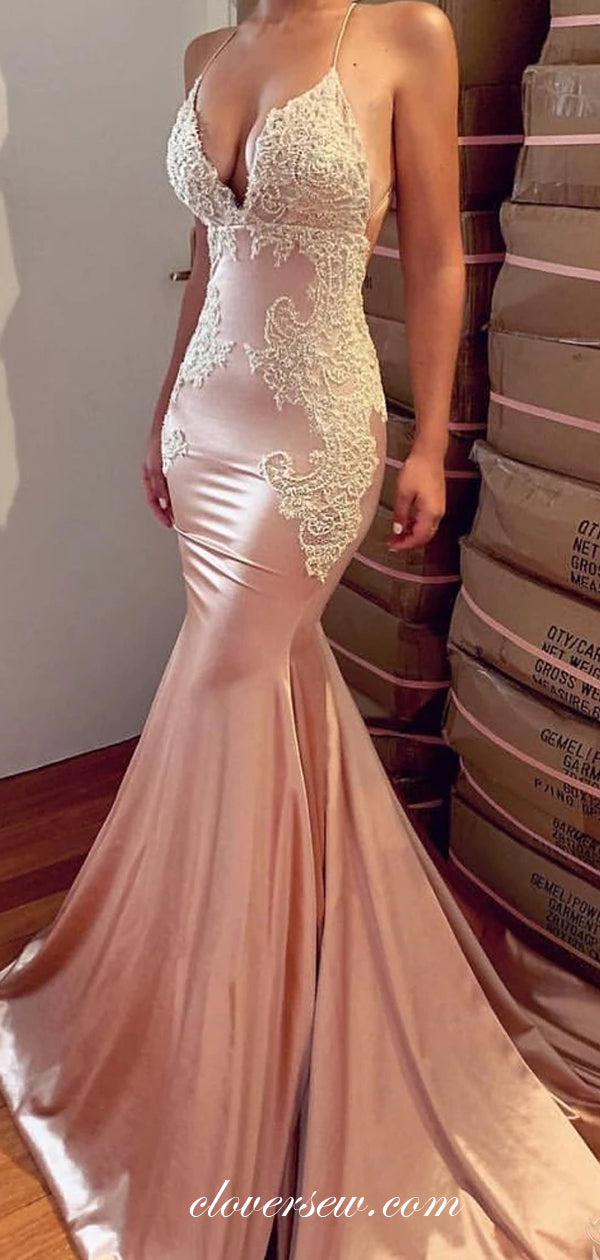Blush Pink Elastic Satin Spaghetti Strap Mermaid Prom Dresses, CP0038