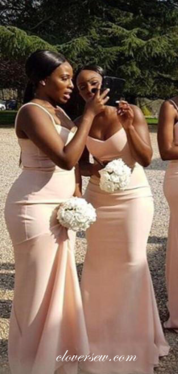 Blush Pink Satin Spaghetti Strap Sheath Long Bridesmaid Dresses,CB0100
