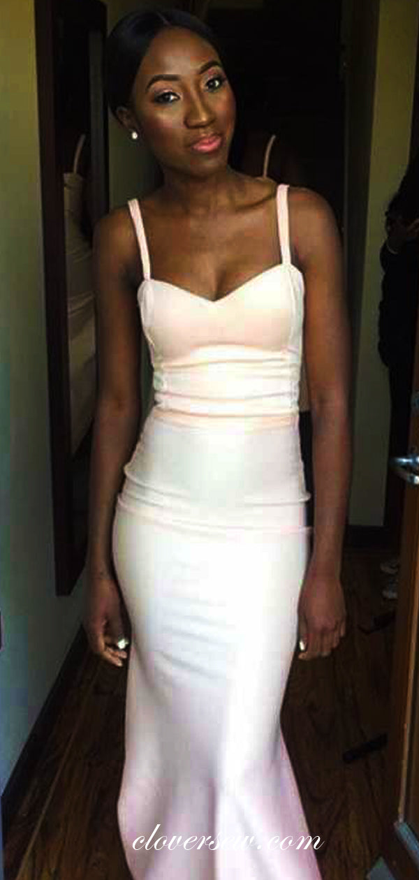 Blush Pink Satin Spaghetti Strap Sheath Long Bridesmaid Dresses,CB0100