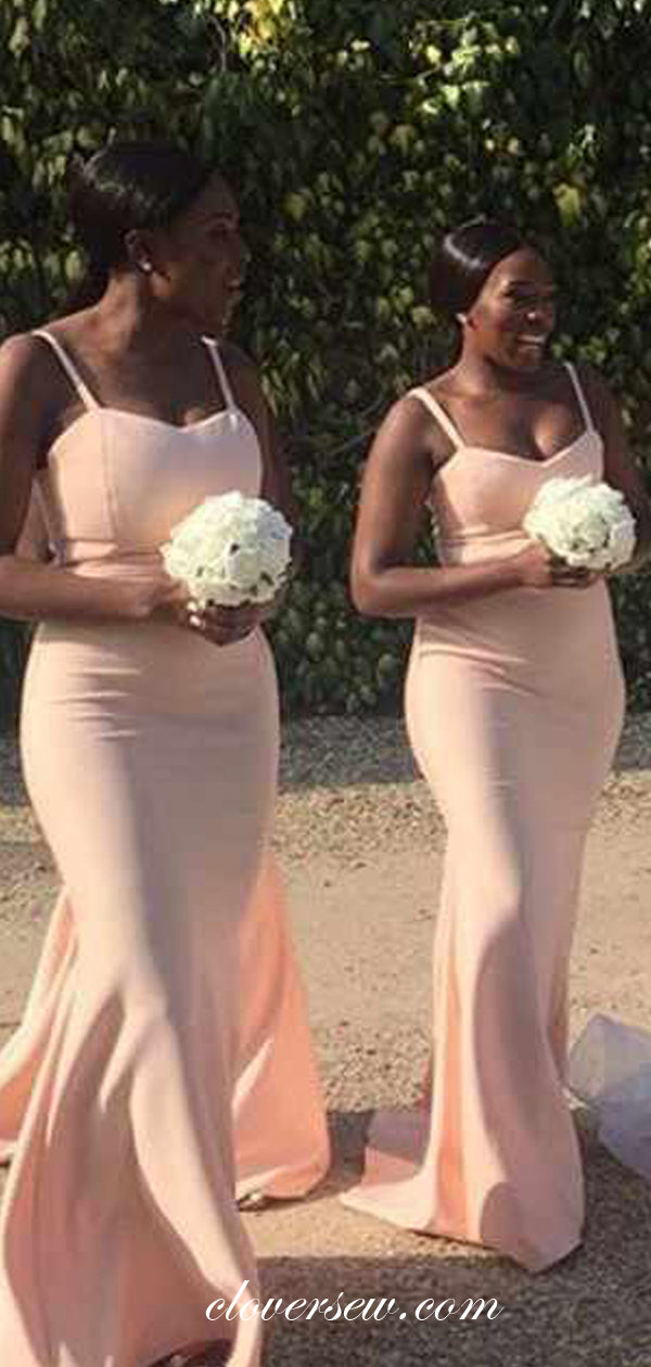Blush Pink Satin Spaghetti Strap Sheath Long Bridesmaid Dresses,CB0100