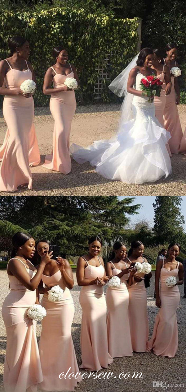 Blush Pink Satin Spaghetti Strap Sheath Long Bridesmaid Dresses,CB0100