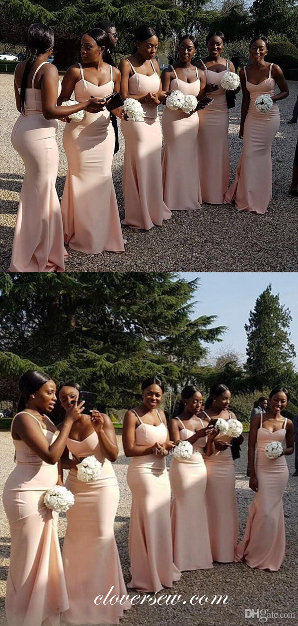 Blush Pink Satin Spaghetti Strap Sheath Long Bridesmaid Dresses,CB0100