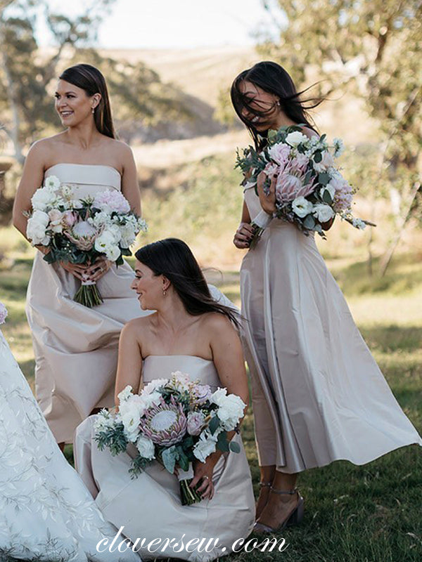Blush Pink Satin Strapless A-line Ankle Length Bridesmaid Dresses, CB0022