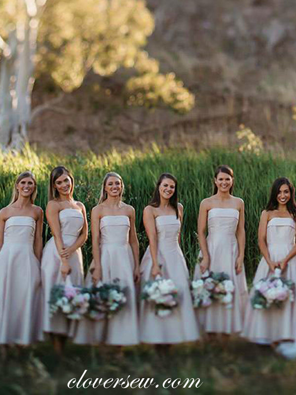 Blush Pink Satin Strapless A-line Ankle Length Bridesmaid Dresses, CB0022