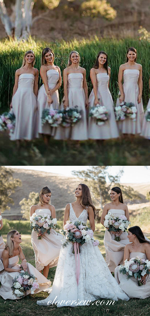 Blush Pink Satin Strapless A-line Ankle Length Bridesmaid Dresses, CB0022