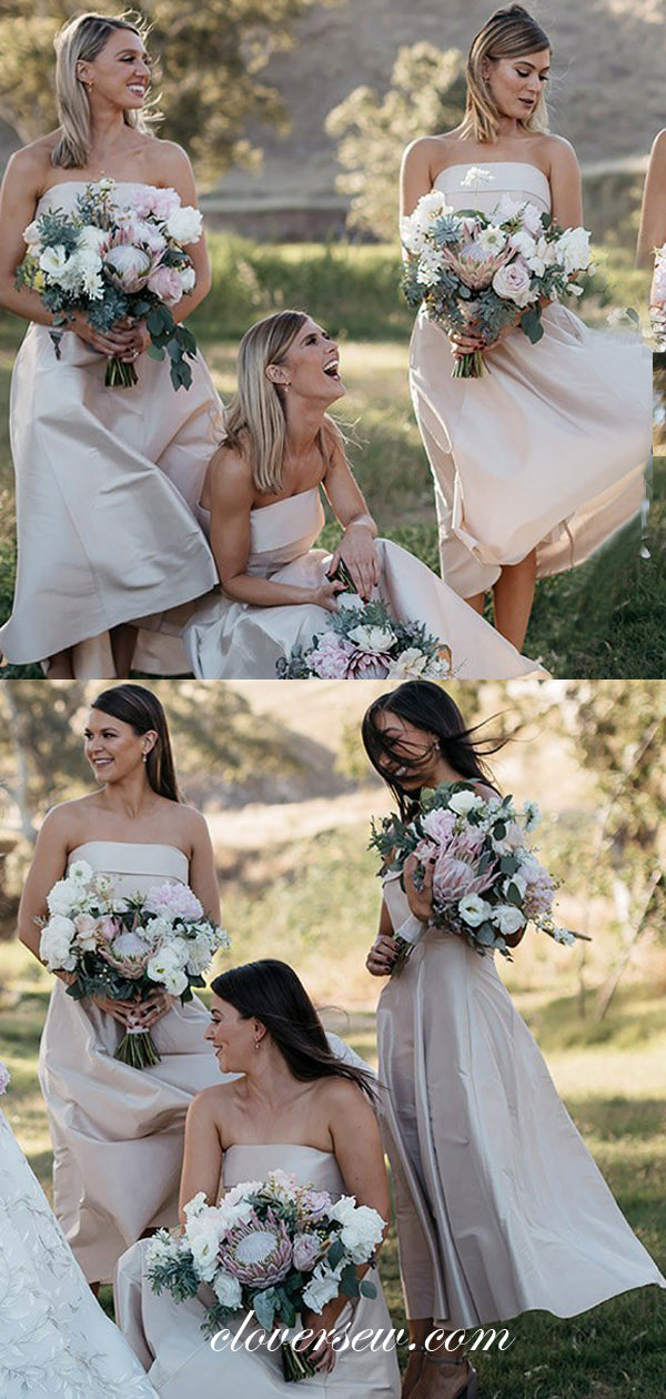 Blush Pink Satin Strapless A-line Ankle Length Bridesmaid Dresses, CB0022