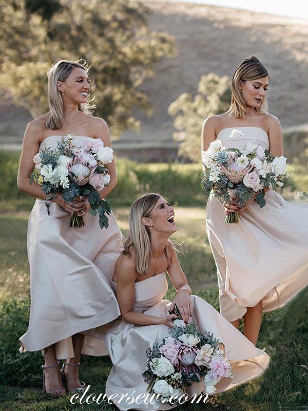 Blush Pink Satin Strapless A-line Ankle Length Bridesmaid Dresses, CB0022