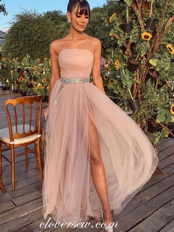 Blush Pink Tulle Strapless Side Slit A-line Prom Dresses,CP0340