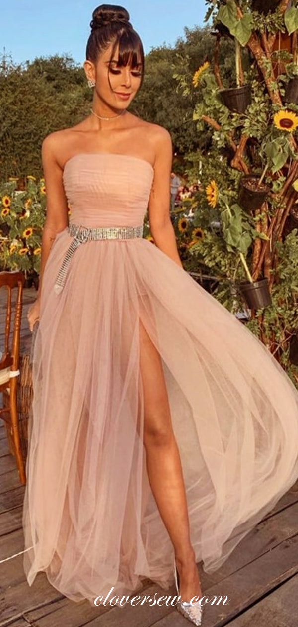 Blush Pink Tulle Strapless Side Slit A-line Prom Dresses,CP0340