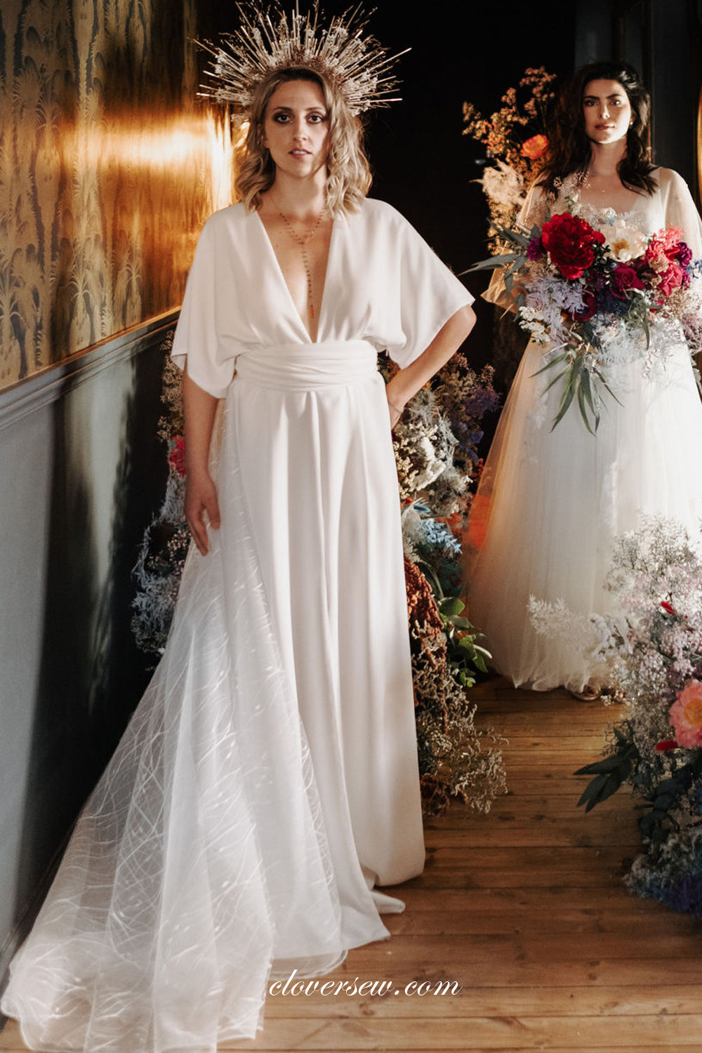 Boho Simple Chiffon V-neck Half Sleeves Column Wedding Dresses, CW0297