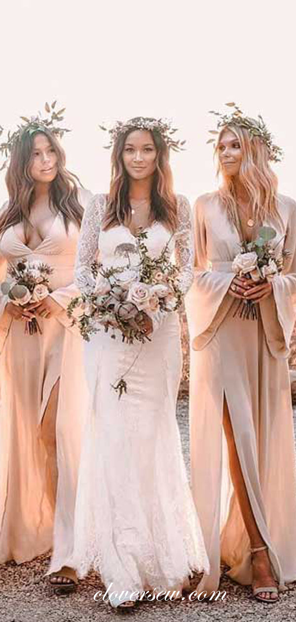 Boho Wedding Blush Pink Chiffon Long Sleeves Side Slit Bridesmaid Dresses, CB0094