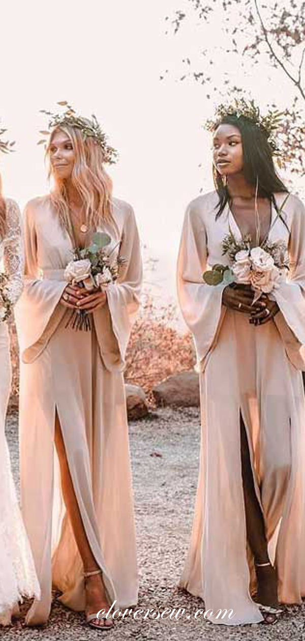 Boho Wedding Blush Pink Chiffon Long Sleeves Side Slit Bridesmaid Dresses, CB0094
