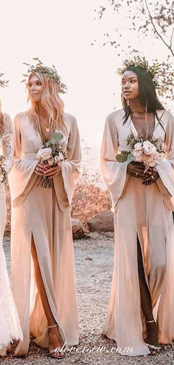 Boho Wedding Blush Pink Chiffon Long Sleeves Side Slit Bridesmaid Dresses, CB0094 US6 / As Pic Boho Wedding Blush Pink Chiffon Long Sleeves Side Slit Bridesmaid Dresses, CB0094 US6 / As Pic