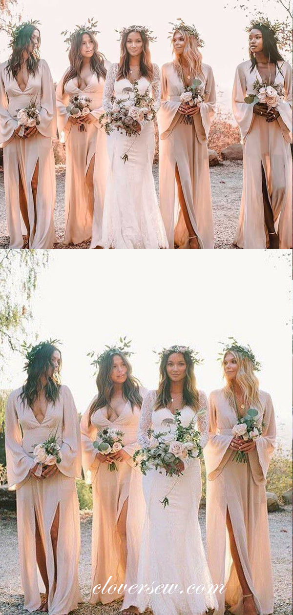 Boho Wedding Blush Pink Chiffon Long Sleeves Side Slit Bridesmaid Dresses, CB0094
