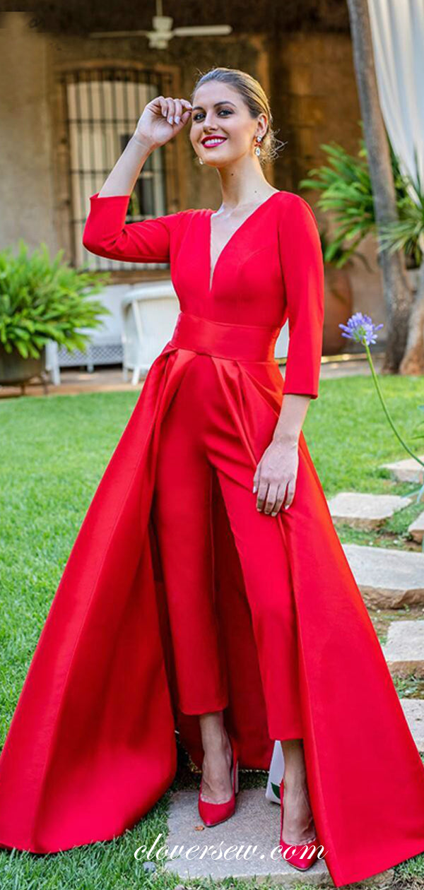 Bright Red Satin Long Sleeves V-back Jumpsuit Prom Dresses, CP0552 Bright Red Satin Long Sleeves V-back Jumpsuit Prom Dresses, CP0552
