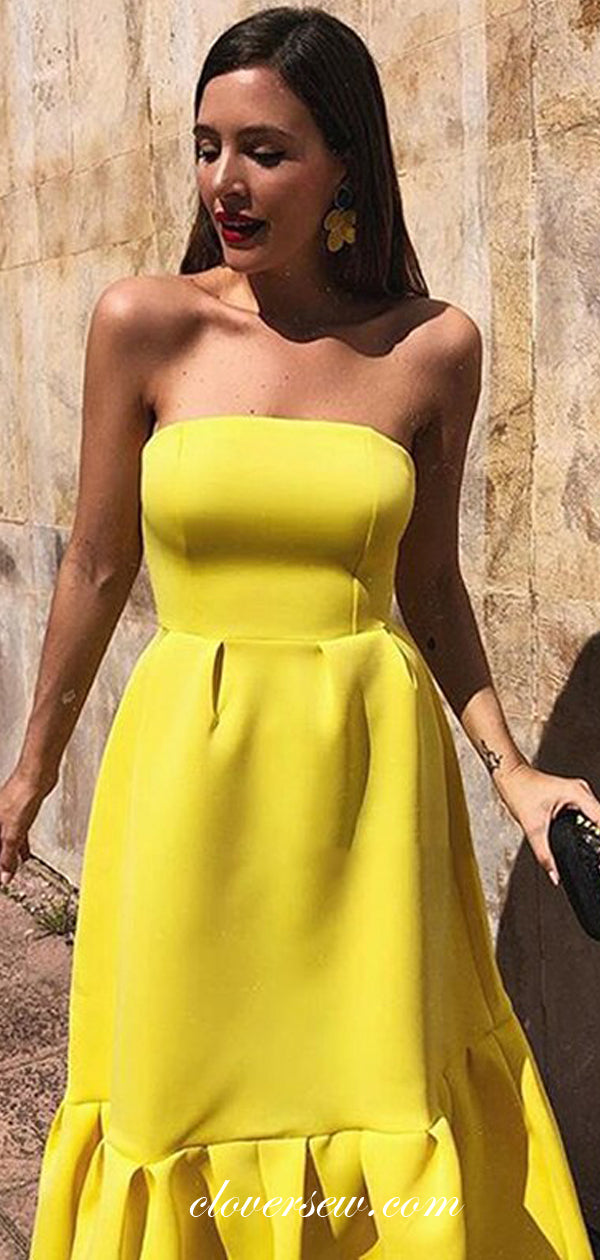 Bright Lemon Yellow Satin Strapless Ruffles Tea Length Party Dresses, clover sew Bright Lemon Yellow Satin Strapless Ruffles Tea Length Party Dresses, clover sew