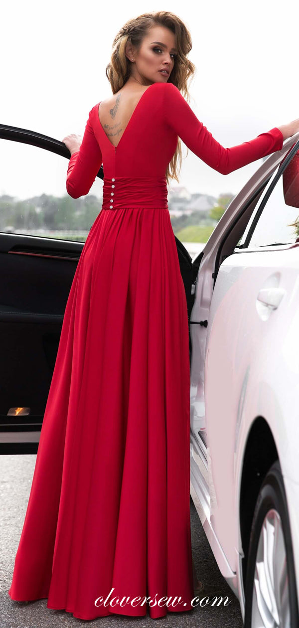Bright Red Long Sleeves V-neck High Slit Formal Dresses , CP0034