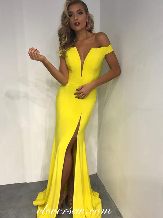 Bright Yellow Elastic Satin Off The Shoulder Mermaid Slit Evening Dresses, CP0064