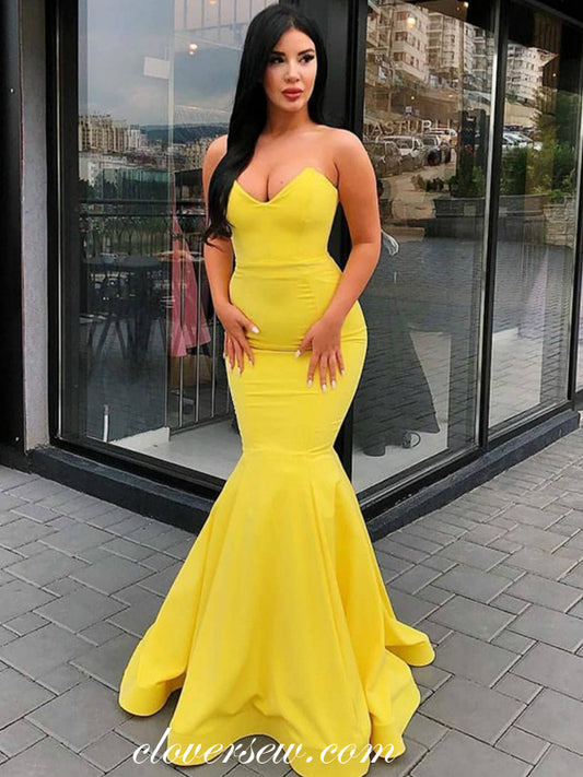 Bright Yellow Elastic Satin Strapless Mermaid Sexy Prom Dresses , CP0037