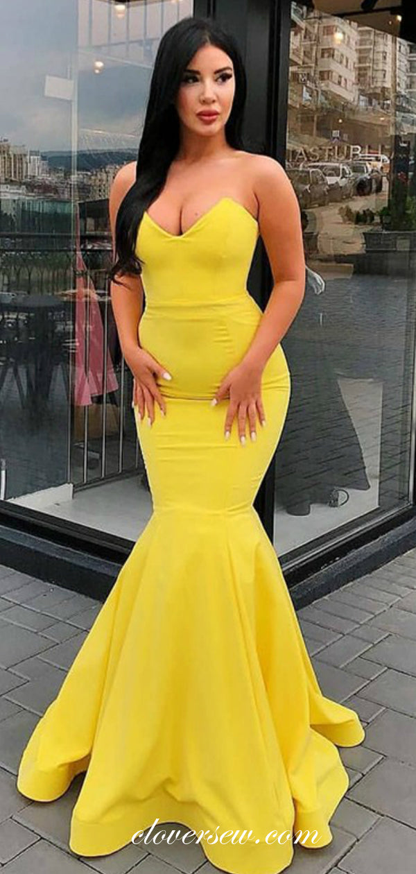 Bright Yellow Elastic Satin Strapless Mermaid Sexy Prom Dresses , CP0037