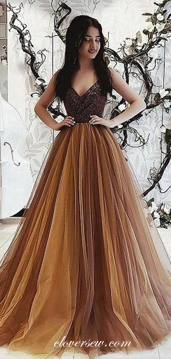 Brown Tulle Applique Sleeveless A-line Prom Dresses,CP0414 US2 / Custom Color(leaving a note) Brown Tulle Applique Sleeveless A-line Prom Dresses,CP0414 US2 / Custom Color(leaving a note)