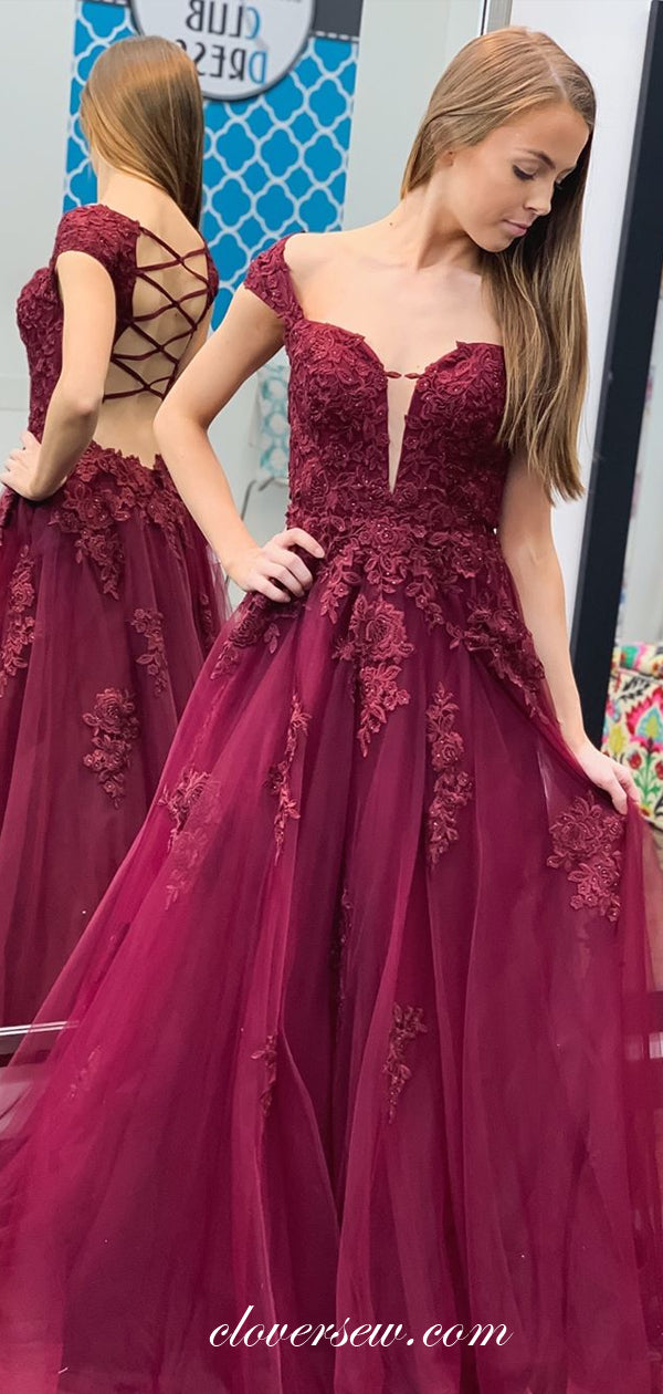 Burgundy Lace Applique Off The Shoulder Open Back Prom Dresses, CP0576