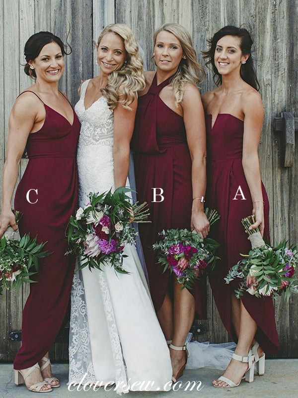 Burgundy Mismatched With Slit Sheath Ankle Length Bridesmaid Dresses, CB0128