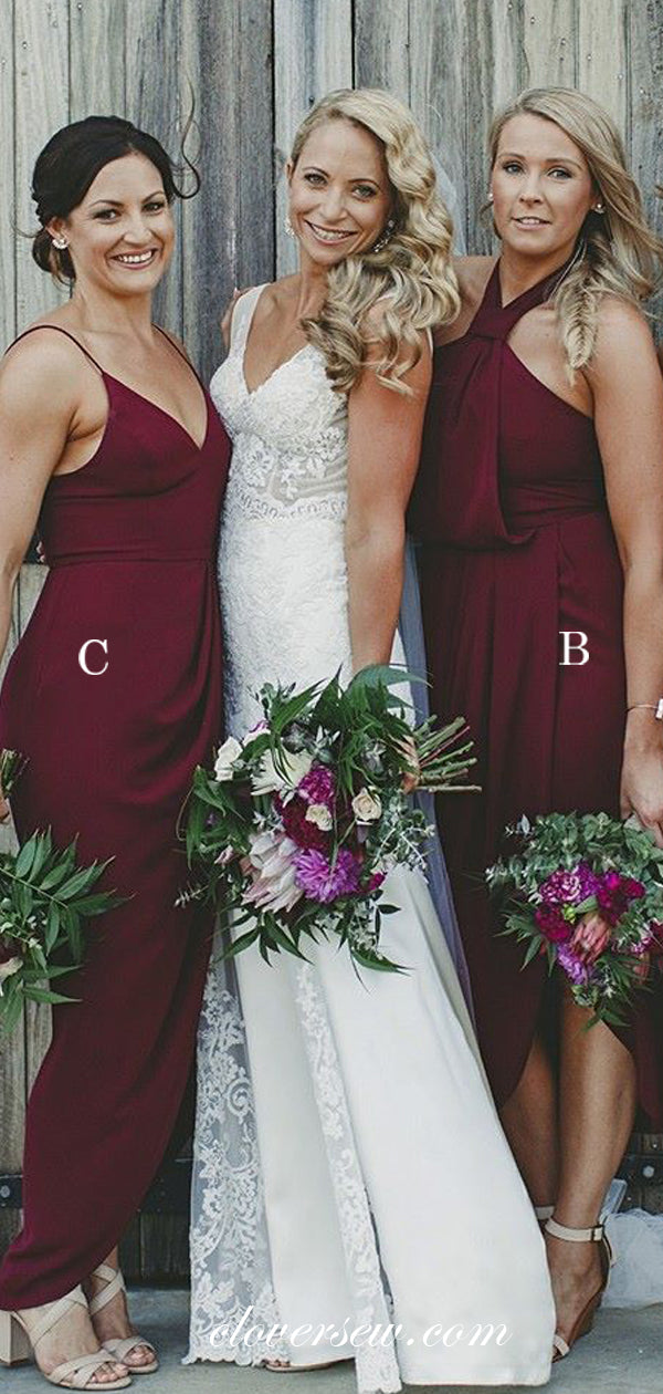 Burgundy Mismatched With Slit Sheath Ankle Length Bridesmaid Dresses, clover sew Burgundy Mismatched With Slit Sheath Ankle Length Bridesmaid Dresses, clover sew