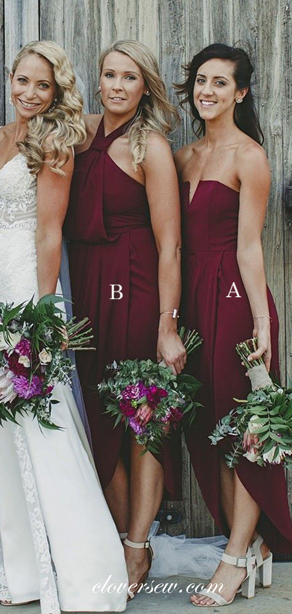 Burgundy Mismatched With Slit Sheath Ankle Length Bridesmaid Dresses, clover sew Burgundy Mismatched With Slit Sheath Ankle Length Bridesmaid Dresses, clover sew