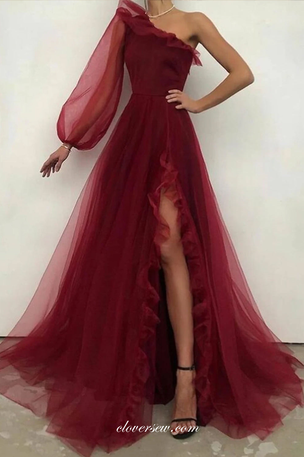 Burgundy Tulle One Shoulder A-line Ruffles Slit Prom Dresses, CP0782