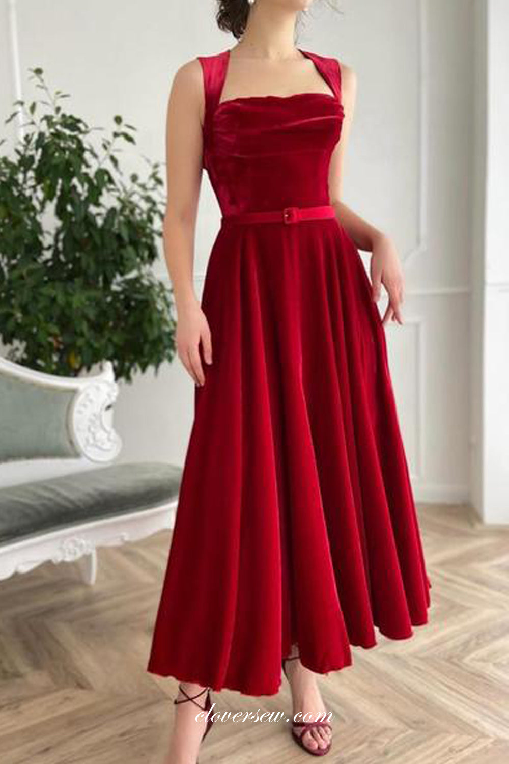 Burgundy Velvet Open Back Elegant Ankle Length Prom Dresses, CP0746