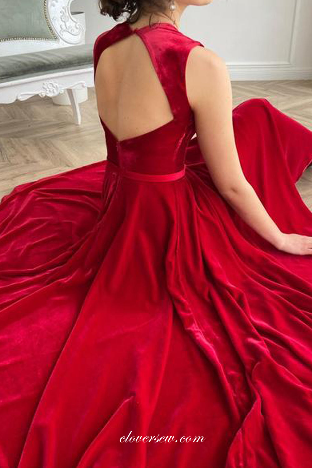 Burgundy Velvet Open Back Elegant Ankle Length Prom Dresses, CP0746
