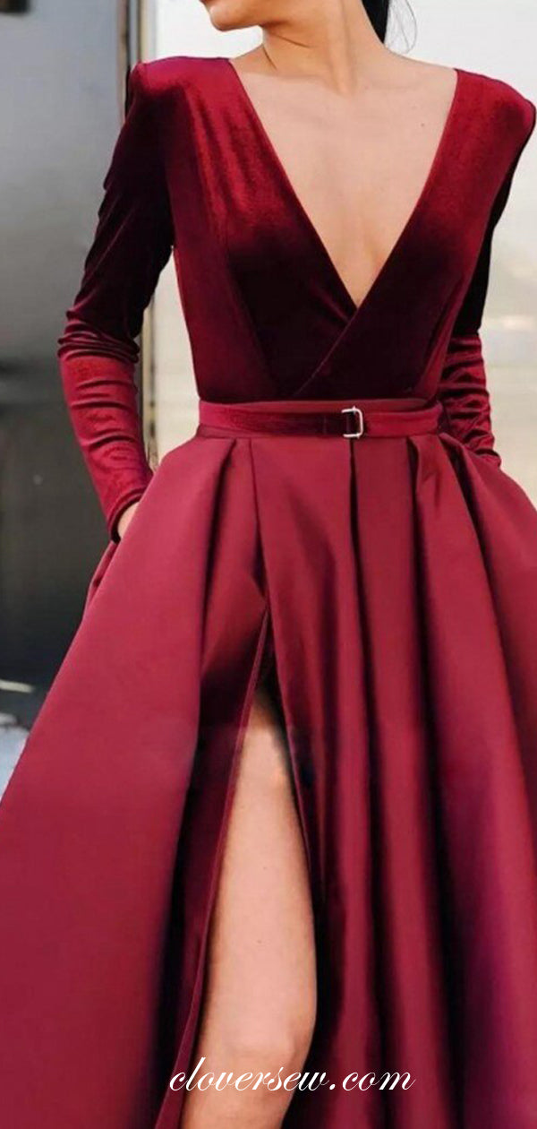 Burgundy Velvet Satin Long Sleeves Side Slit A-line Formal Dresses, CP0619
